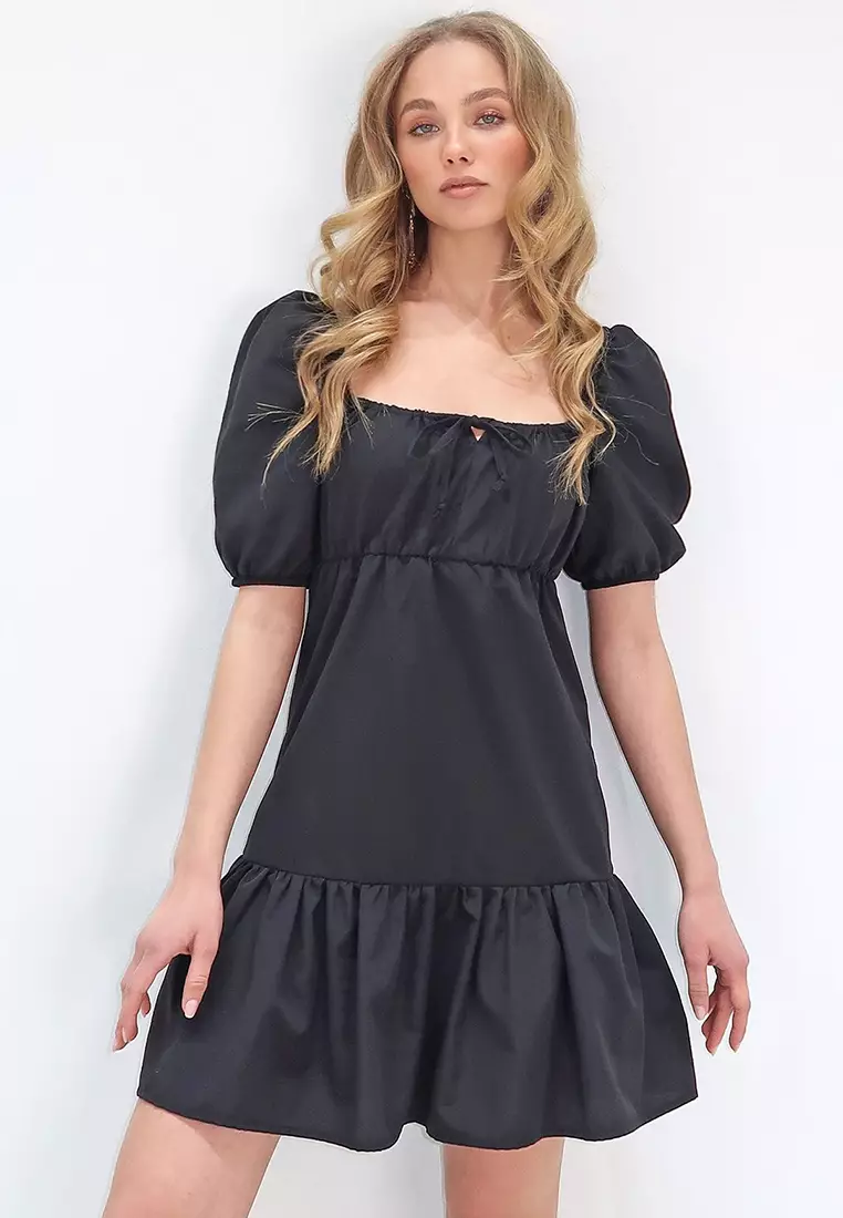 Women's Black Square Neck Balloon Sleeve Poplin Mini Dress Alc-X13594