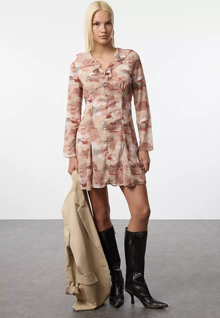 Brown Abstract Patterned A-Line Mini Lined Woven Dress TWOAW25EL00477
