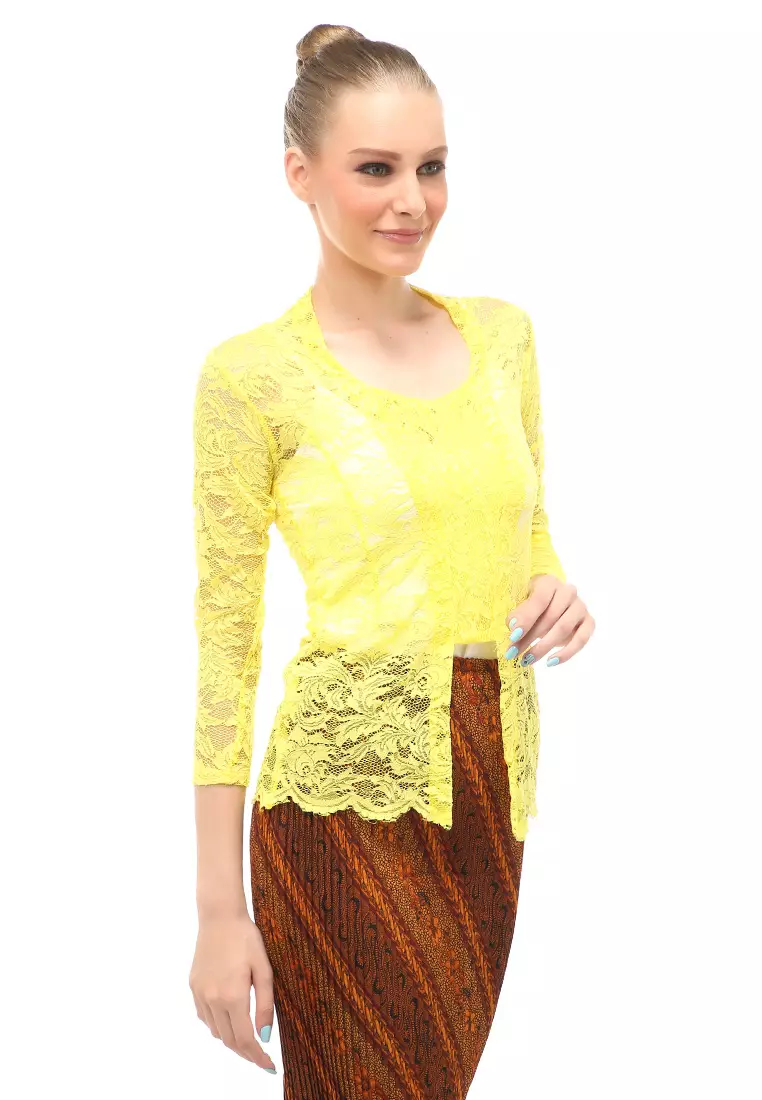 Hara Kebaya Seri 1 Motif Brokat Long Sleeves Atasan Wanita Transparan Premium Quality - Kuning