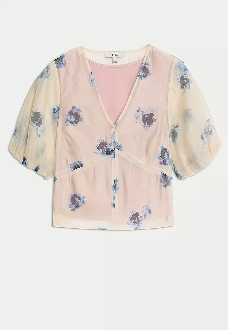 Organza Floral V-Neck Puff Sleeve Blouse