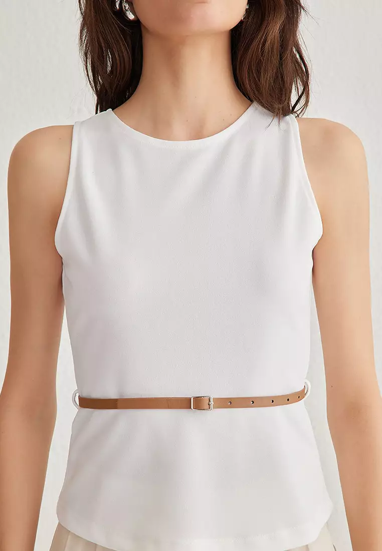 Ecru Belted Fitted/Body Fitted Knitted Blouse TWOSS25BZ00022