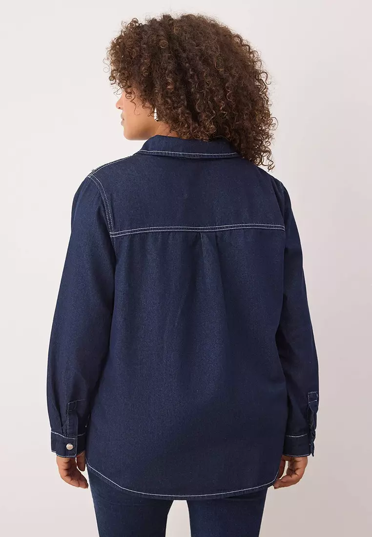 Dark Blue Stoned Plus Size Denim Shirt Tbbaw25Ax00002