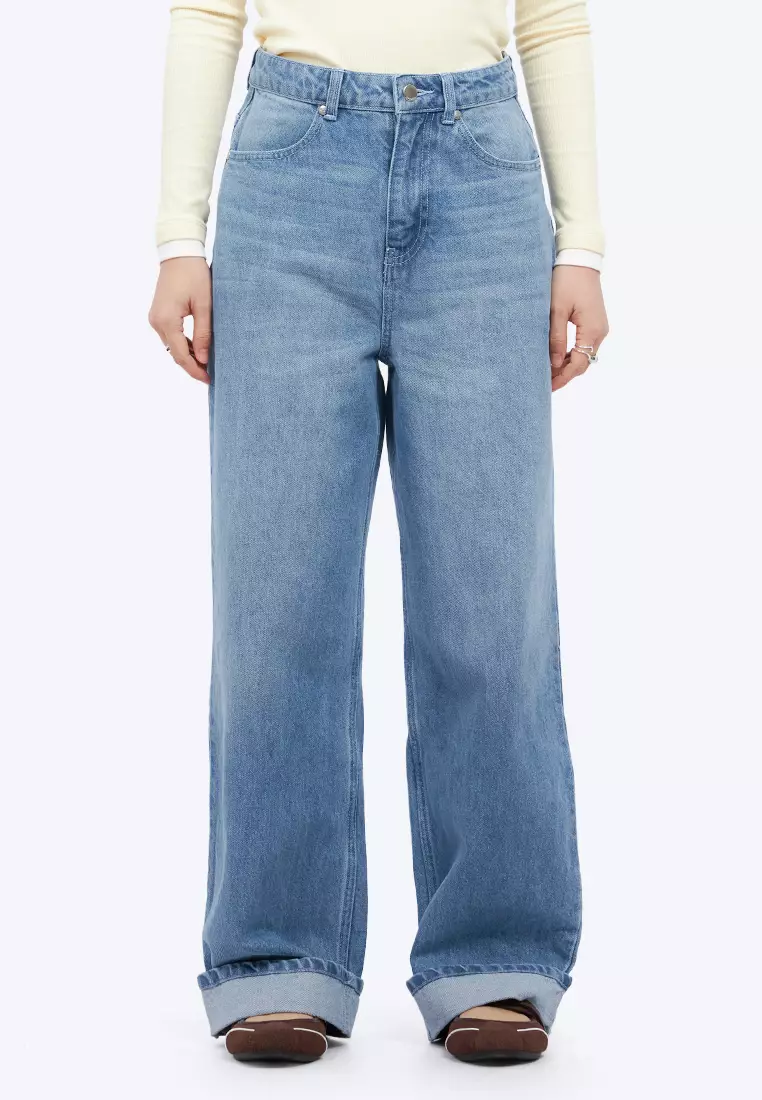 Turn Up Hem Straight Denim Pants