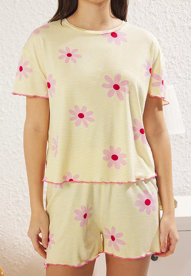 Yellow-Multicolored Floral And Striped Baby Overlock Detail Knitted Pajama Set With Shorts