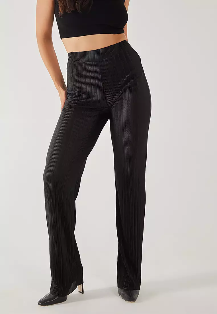 Pink Vanilla Black Plisse Flared Trousers