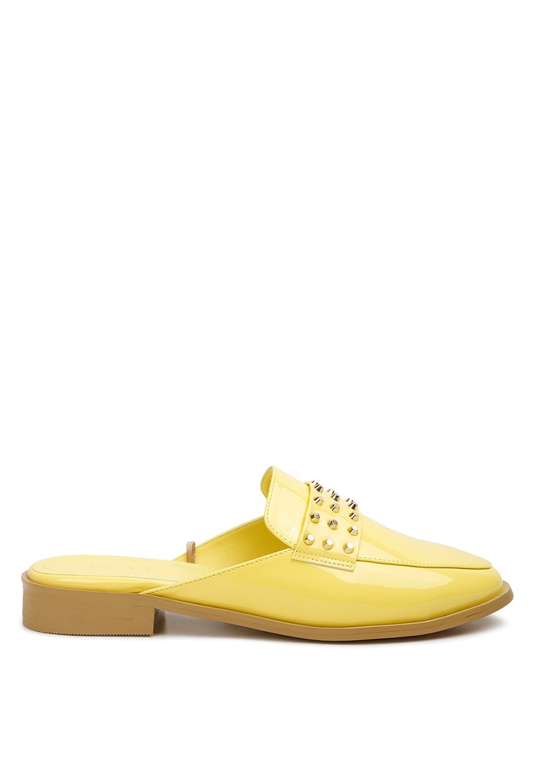 Yellow Patent Studded Flat Mules