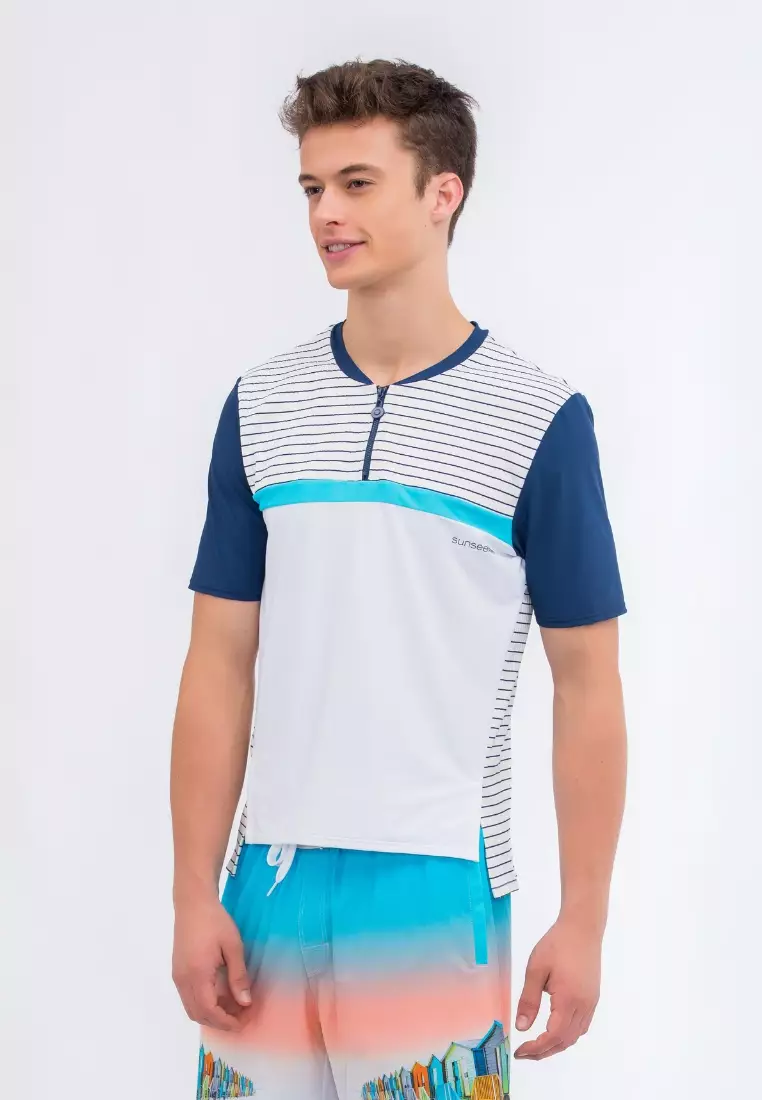 Men Striped Half-zip Swim Shirt