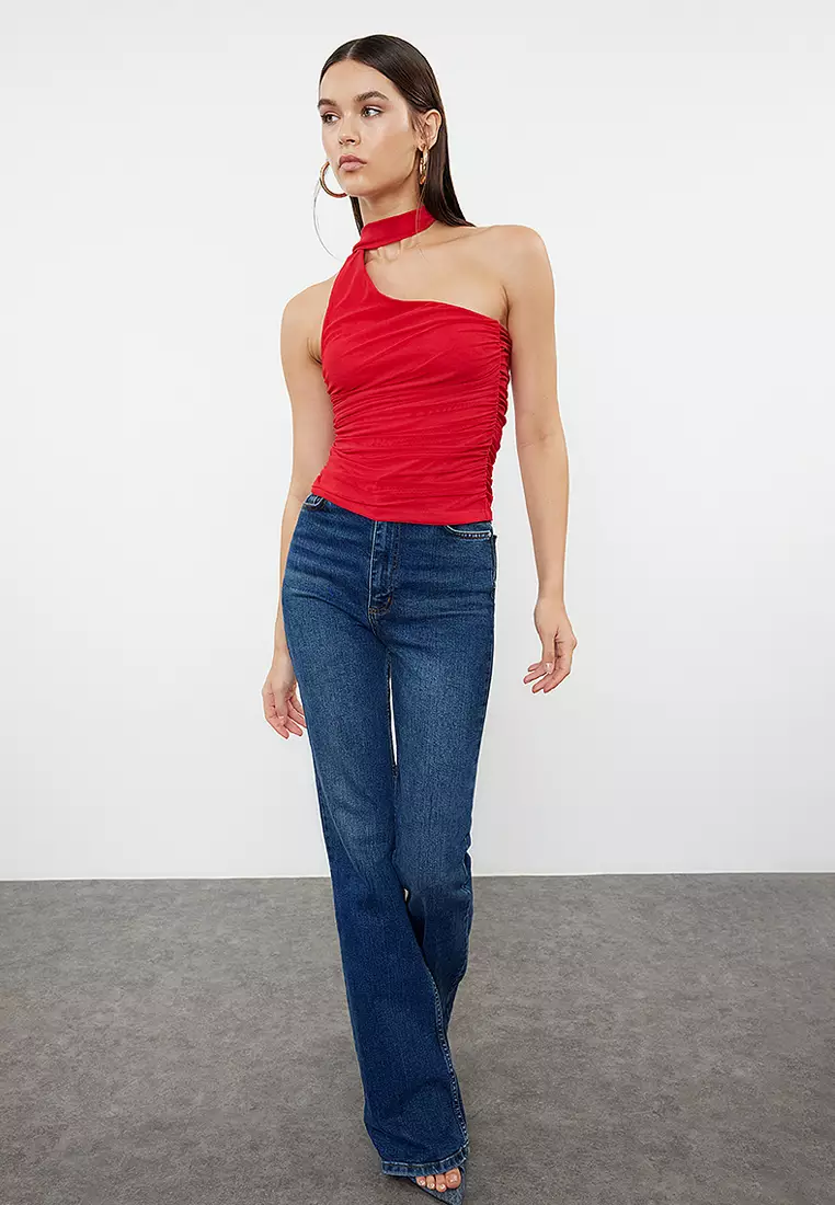Red Halter Neck Gathered Lined Stretchy Knitted Blouse