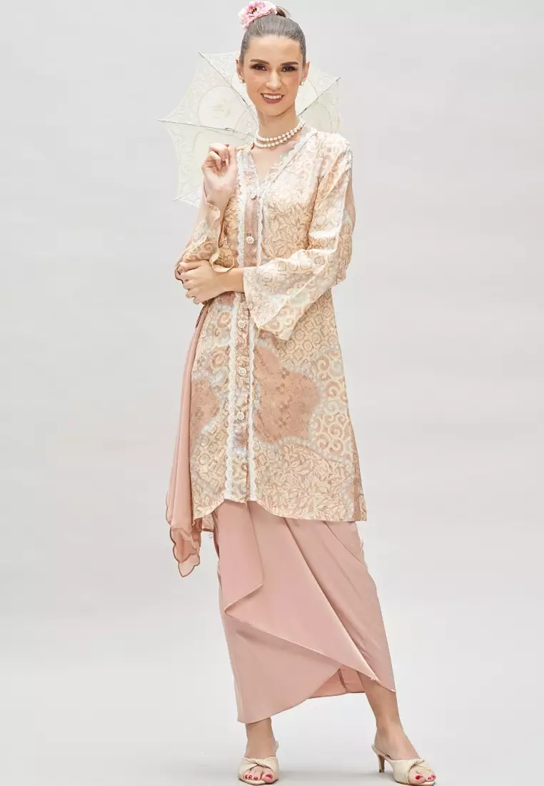Premium Batik Beige long modern Kebaya & Satin Wrap Skirt