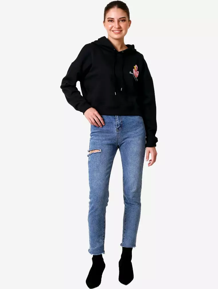 TONIQUE Crop Hoodie Katun Wanita Hitam Pekat DAISY Women's Cotton Regular Fit Crop Hoodie Black