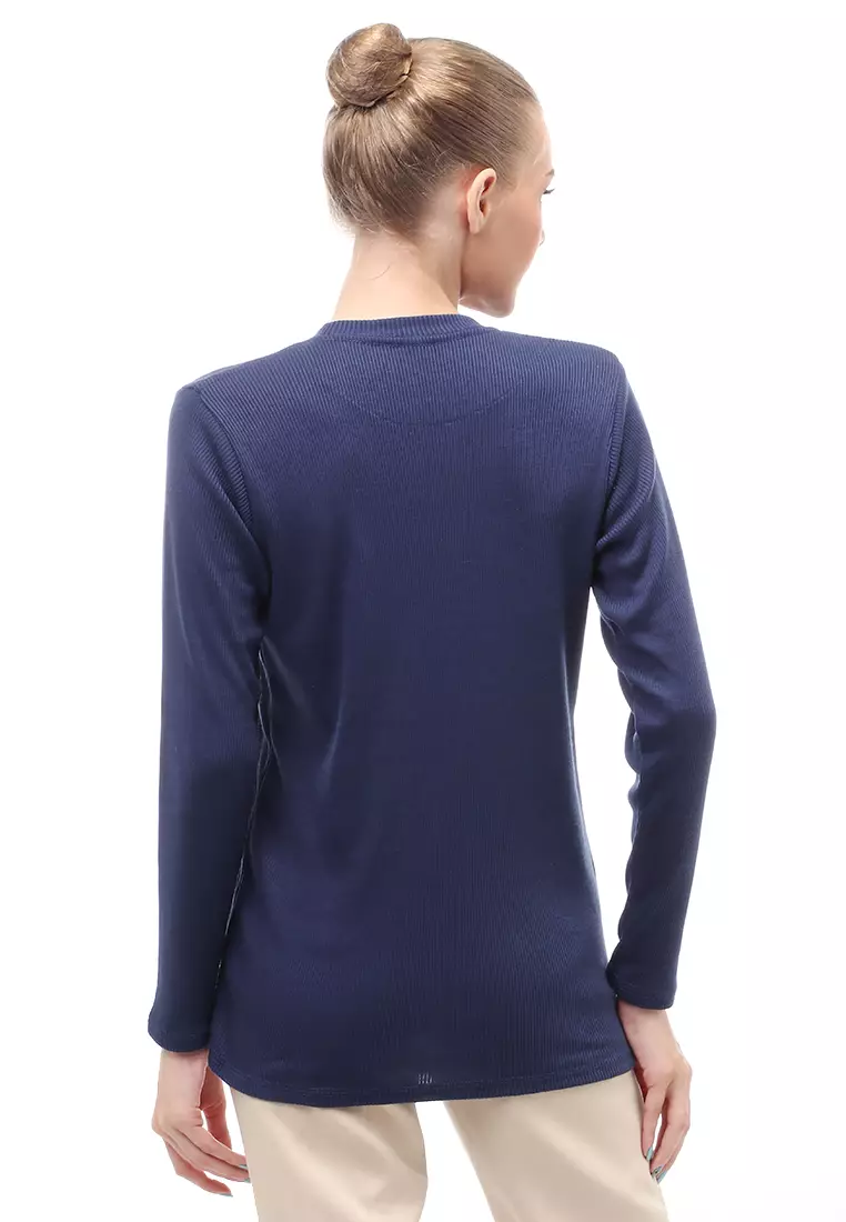 Briley Kaos Atasan Wanita Long Sleeves Motif Salur Relaxed Fit - Navy