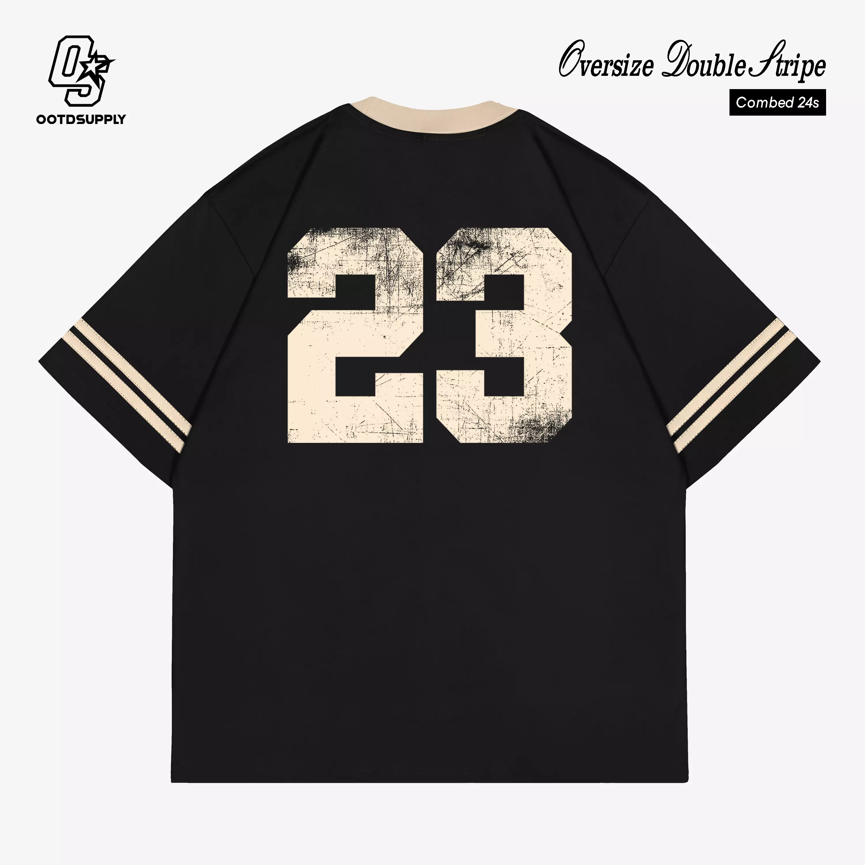 OOTDSUPPLY Oversize Double Stripe Iconic 23 Army & Black l Oversize T-Shirt l Kaos Lengan Pendek I Kaos Stripe | Unisex | OVZDSTRIP001