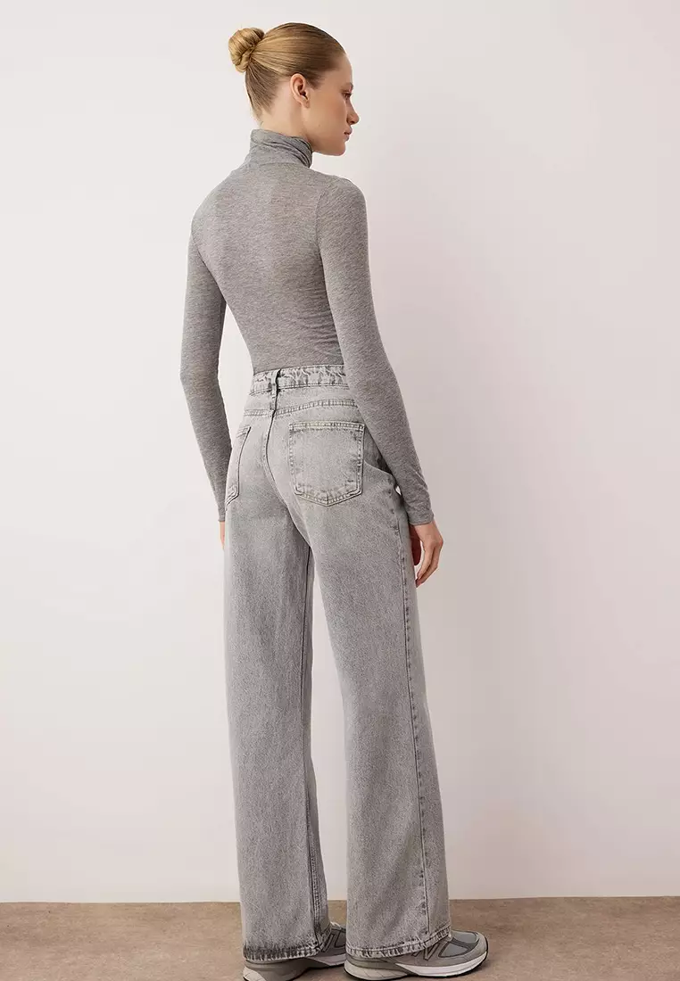 Gray High Waist Wide Leg Wide Leg 1% Cotton Non-Stretch Jeans Twoss25Je172