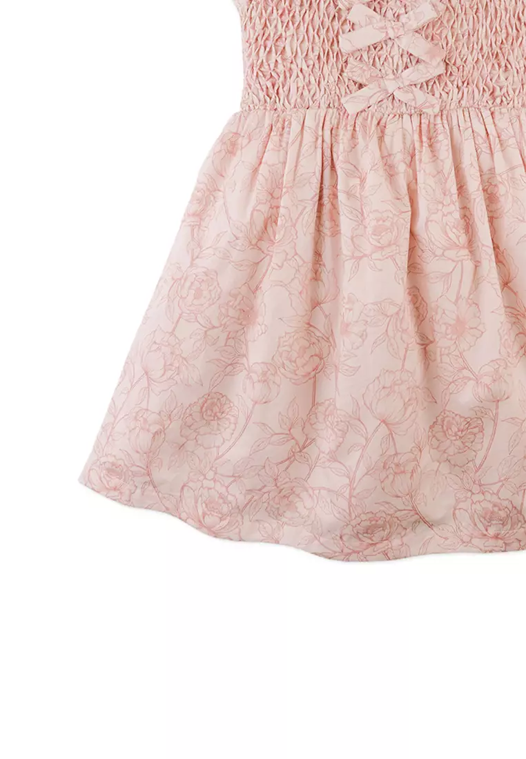 Savannah Floral Toile Print Dress with Smocked and Velvet Bows Bodice