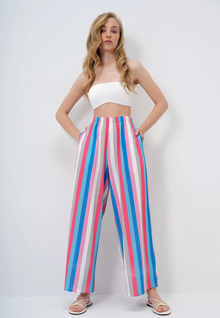 Women's Pink Blue Double Pocket Line Patterned Wide Leg Summer Trousers Alc-X14142