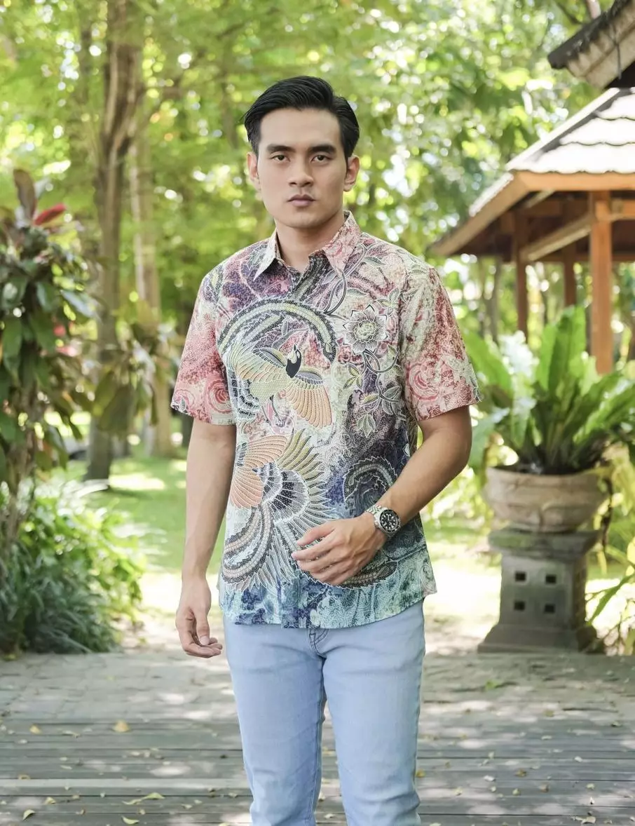 Naraya Orange Kemeja Pria  Pendek Slim Fit Digital Print