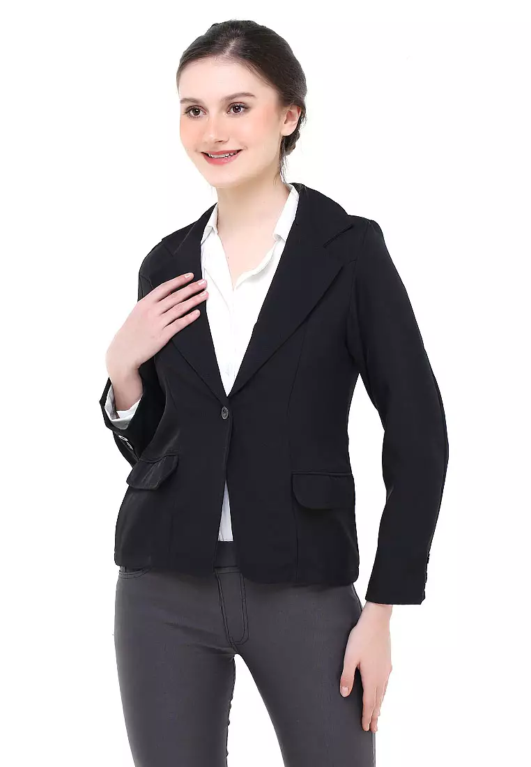Qemsya Jas Blazer Wanita One Button Formal Longsleeve Suit Material Scuba ORIGINAL - Black