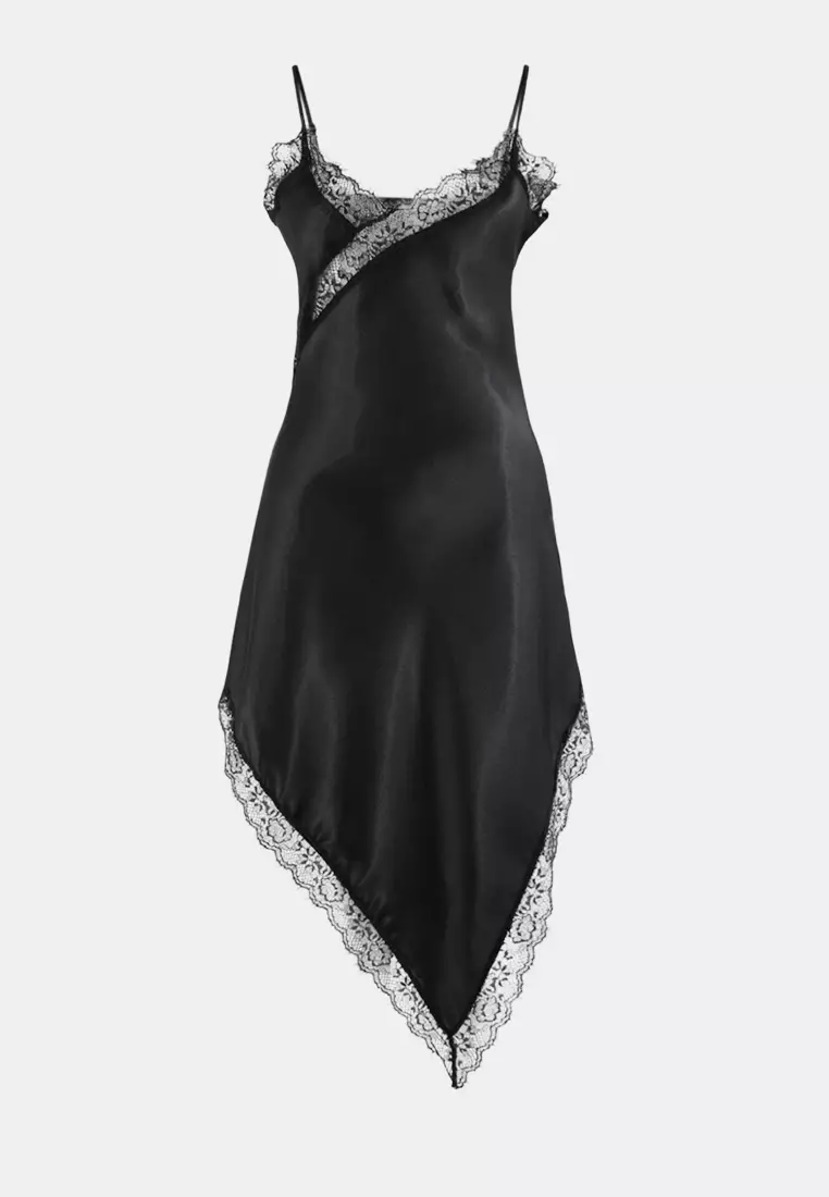 Black Asymmetrical Lace Detailed Satin Woven Nightgown Thmss26Gc8