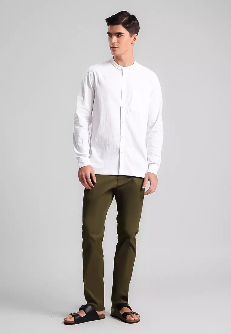 MANZONE - Kemeja Shanghai Lengan Panjang Pria Kanda Modern Fit - White Warna White