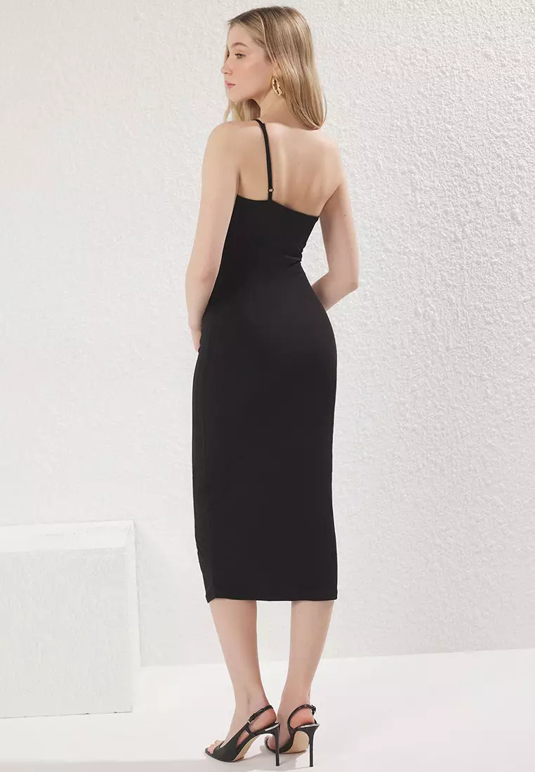 Black Bodycon Midi One Shoulder Adjustable Strap Knitted Pencil Dress Twoss23El01577