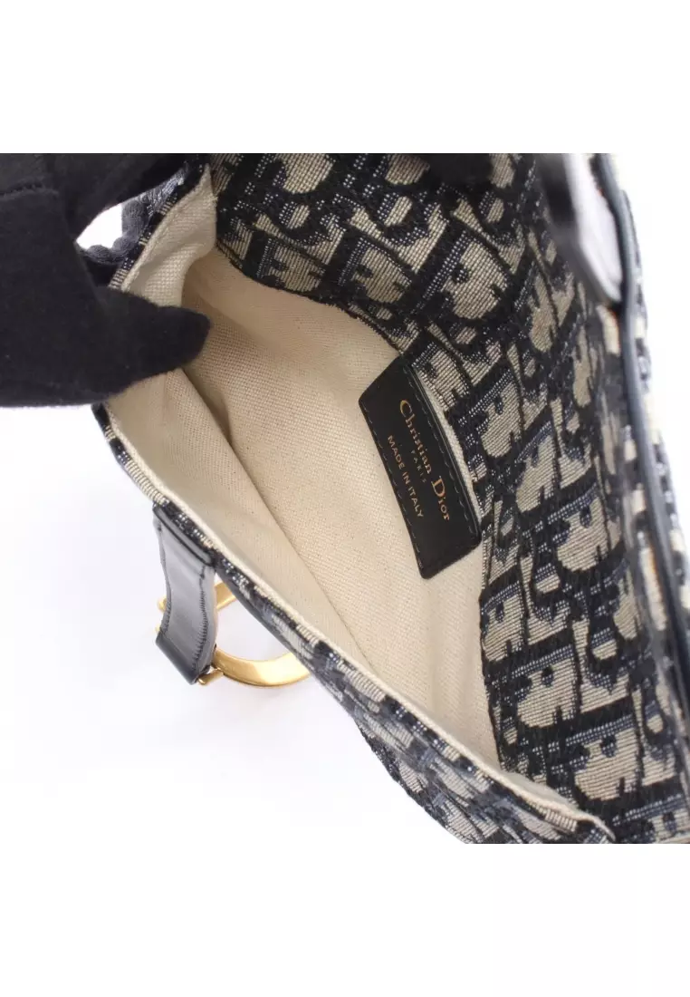 Pre-Loved Christian Dior SADDLE saddle oblique waist bag body bag canvas leather Navy gray