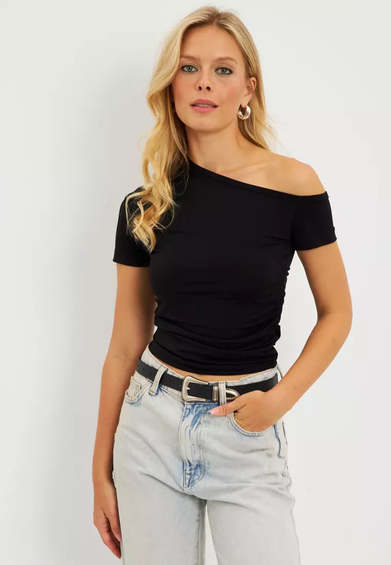Asymmetrical Collar Gathered Top