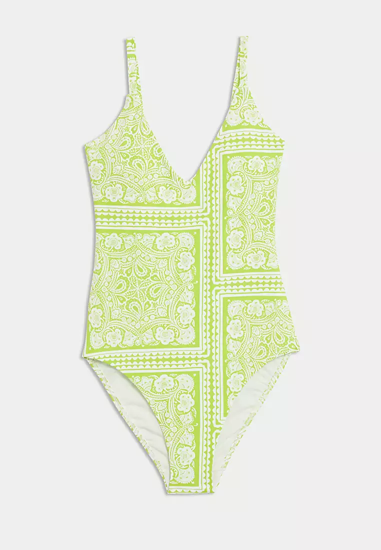 Tummy Control Palm Print Plunge Swimsuit