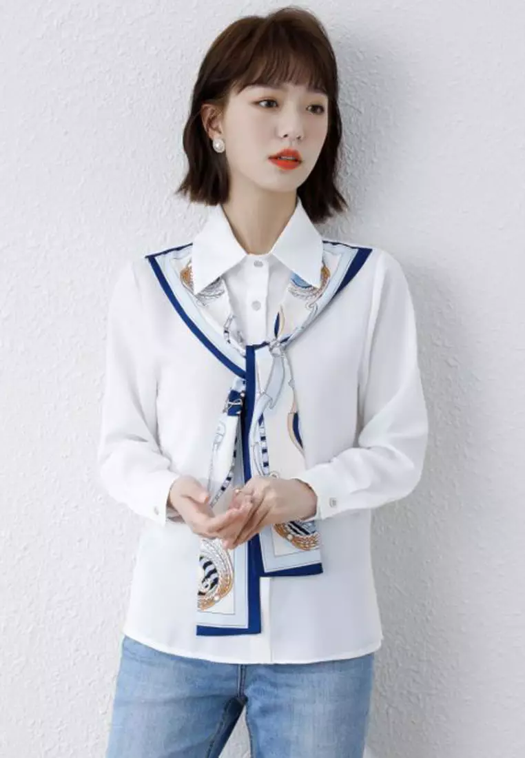 Neck Blouse Blouse With Scarf Attached Scarf Tied Collar Blouse