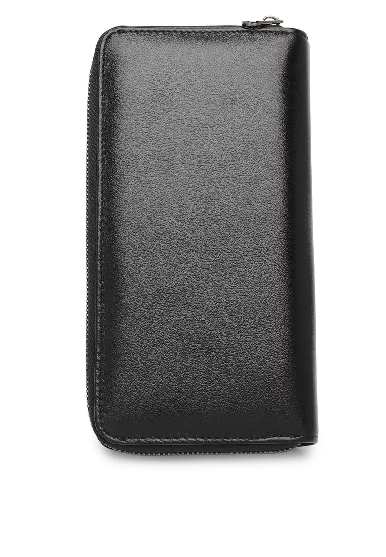Men's Genuine Leather Zipper Long Wallet - Black