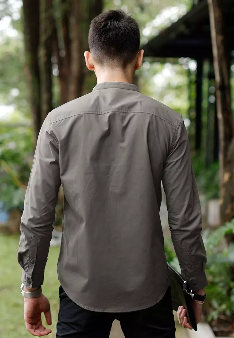 Oxcon Collarless Long Sleeve Business Shirt soft cotton Mid Grey