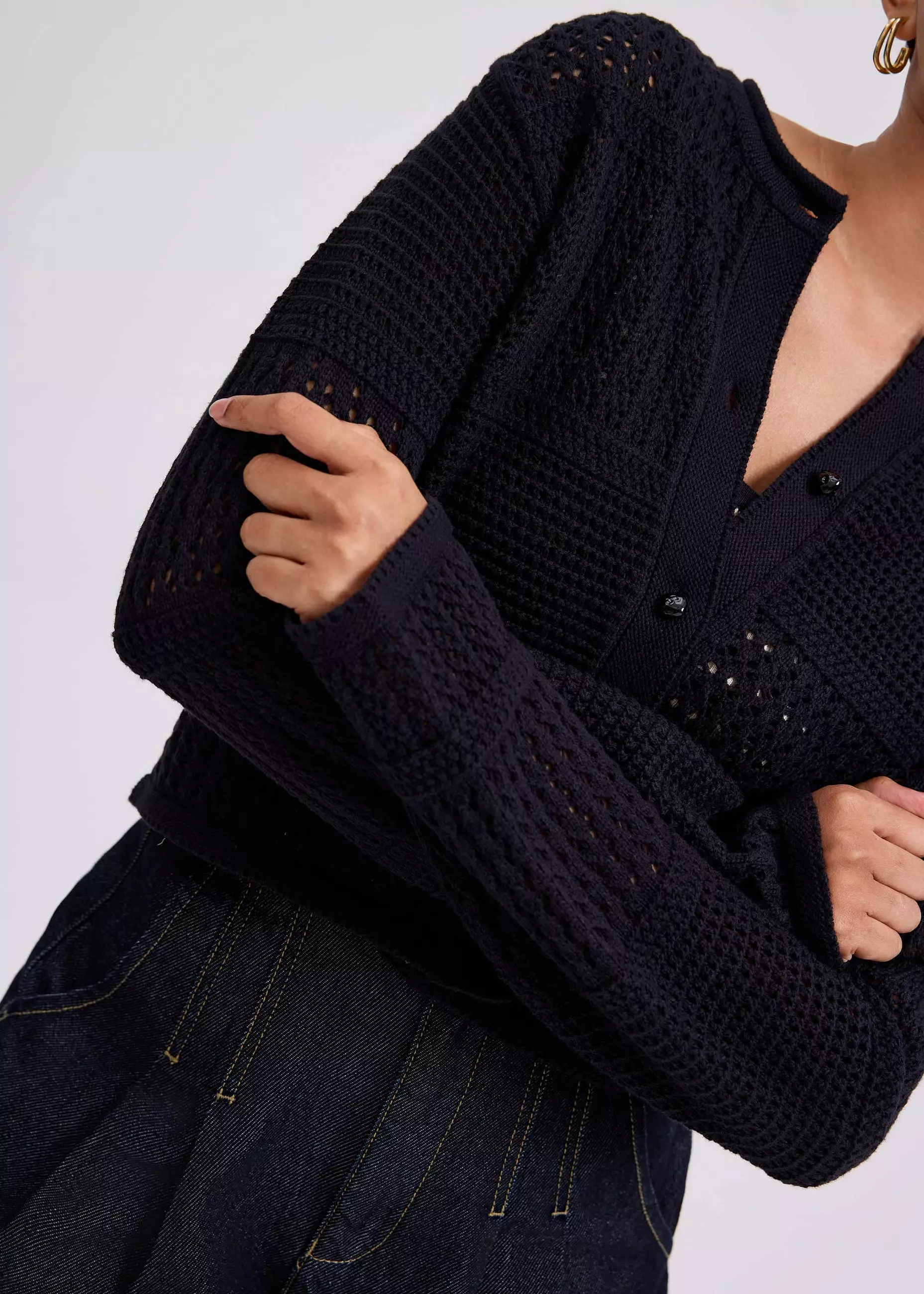 Cardigan Wanita - Relaxed Pointelle Knit Round Neck Cardigan