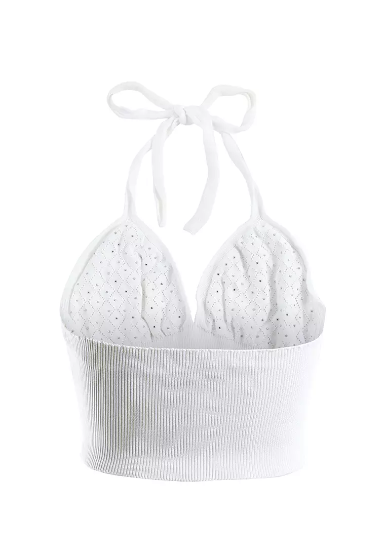 Atasan Leher Halter Rajutan Trim Mutiara dalam Warna Putih Mati