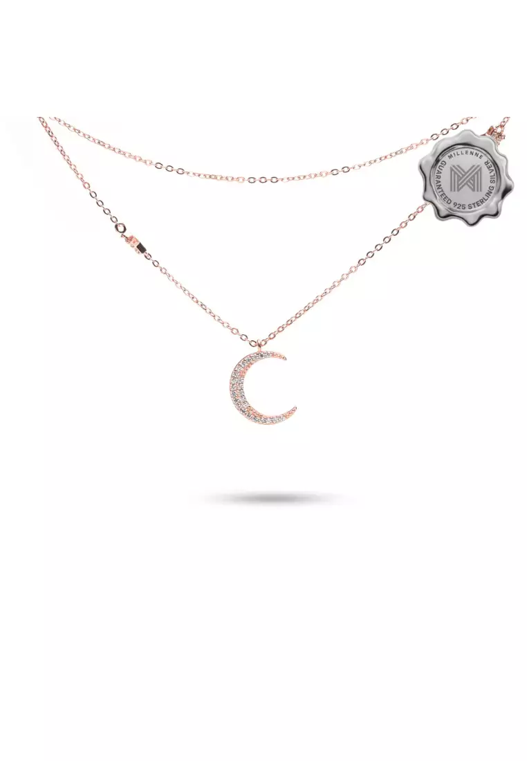 Match The Stars Moon and Stars Cubic Zirconia Rose Gold Necklace with 925 Sterling Silver