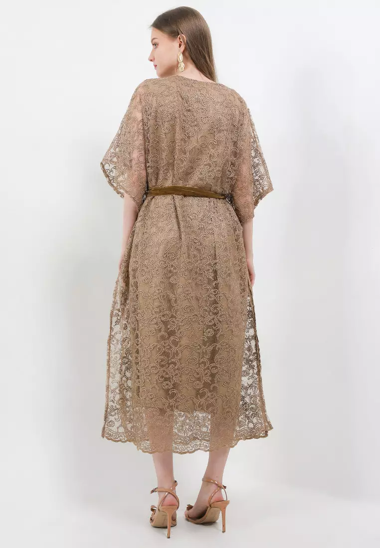 Belted Emb Tulle Batwing Kaftan W/ Corsage