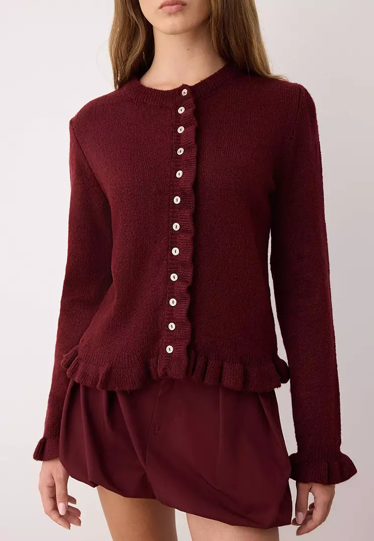 Burgundy Button Detailed Soft Textured Knitwear Cardigan