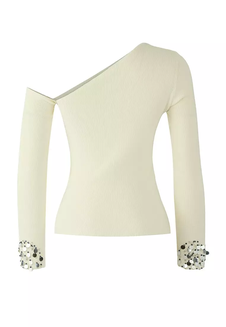 Ecru Premium Yarn/Special Yarn Asymmetric Collar Sleeve Edge Sequined Knitwear Sweater