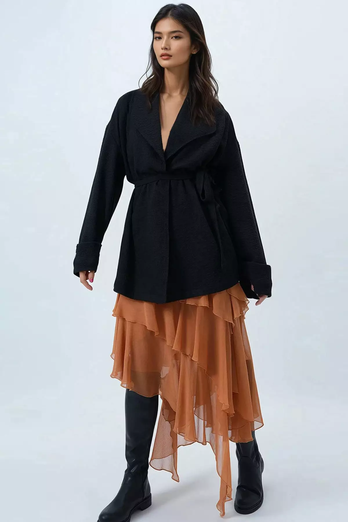 Women's Black Shawl Collar Self-Textured Belted Long Jacket Alc-X14481