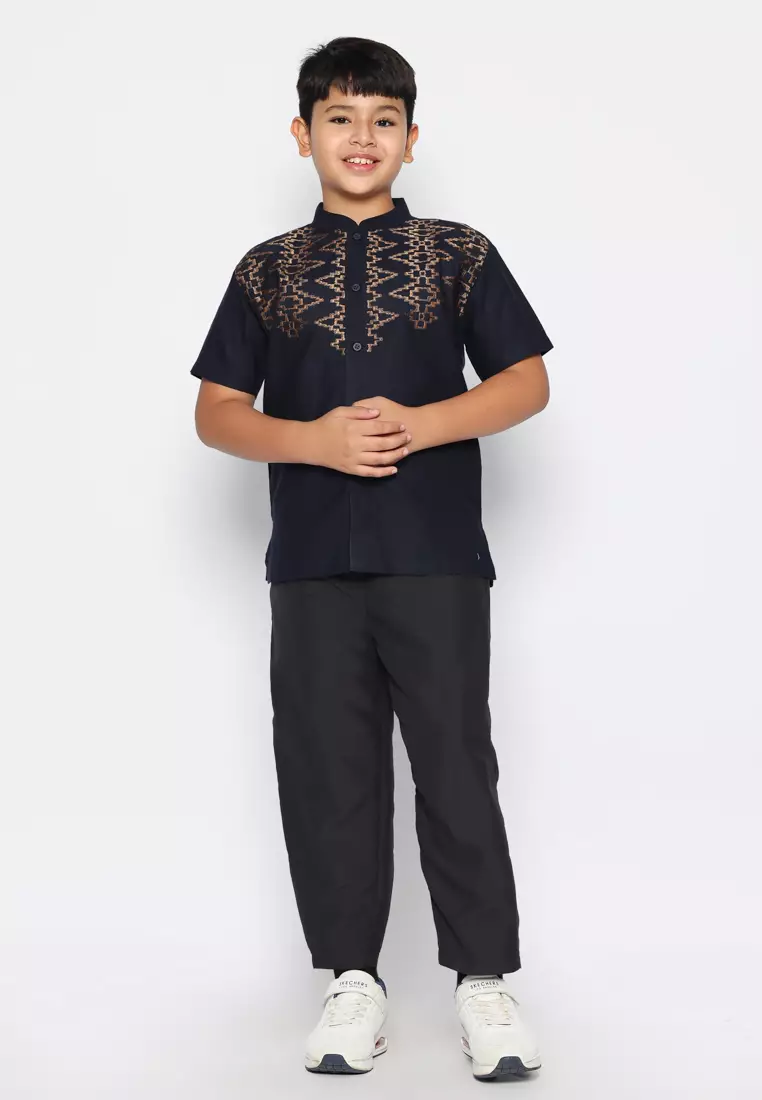 Baju Koko Set Anak Laki Bordir Vertical Navy - GENUINE