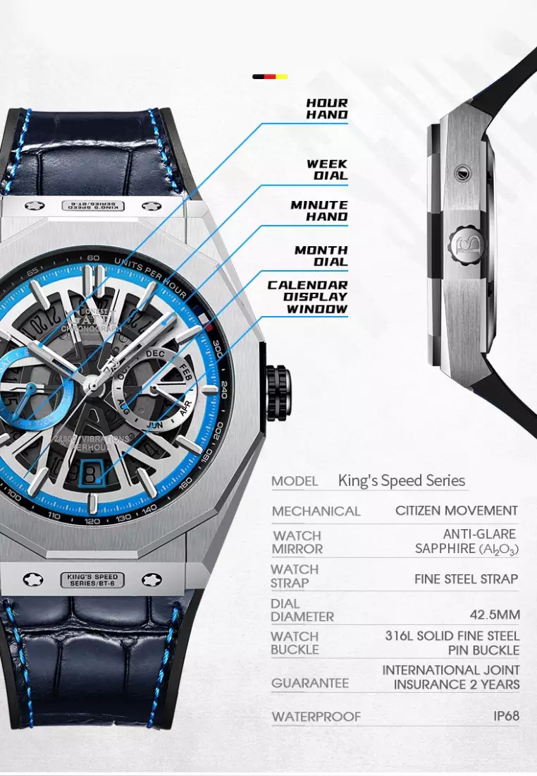 Automatic Unisex Stainless Steel Watch, Leather Strap