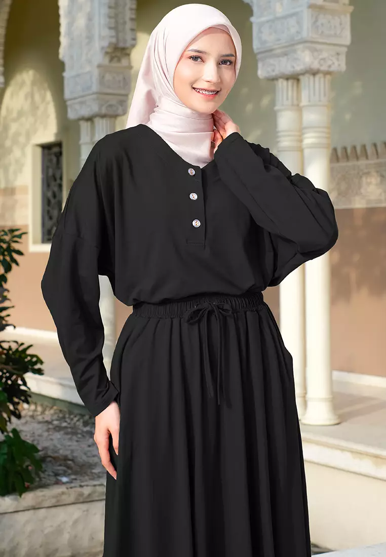 JV Hasanah Set Rok Gamila Rayon Spandex Black | Setelan Rok Rayon Jumbo Busui