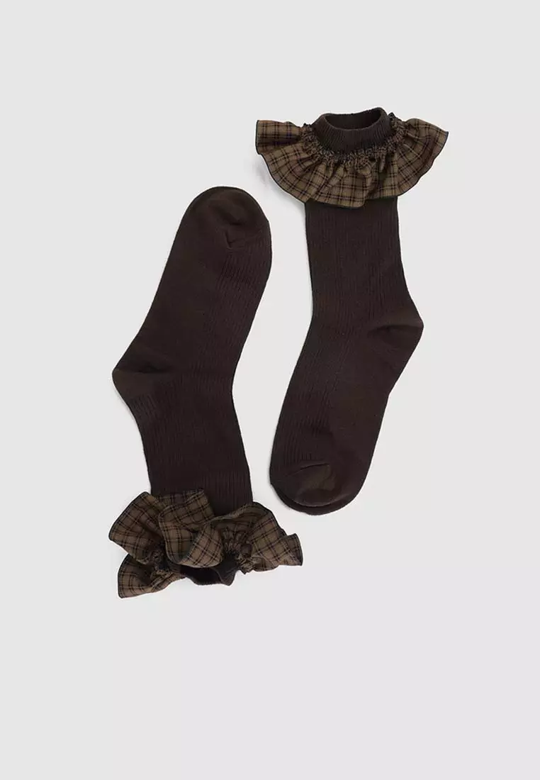 Plaid Ruffle Cuff Textured Knit Cotton Sock