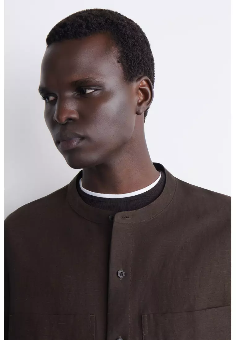 OVERSIZED GRANDAD-COLLAR LINEN SHIRT