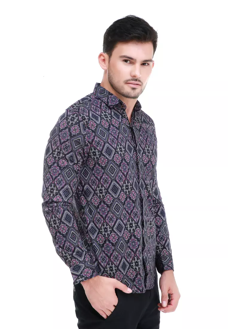 Dwan Kemeja Batik Pria Permata Atasan Formal Longsleeve Shirt Material Cotton ORIGINAL - Black