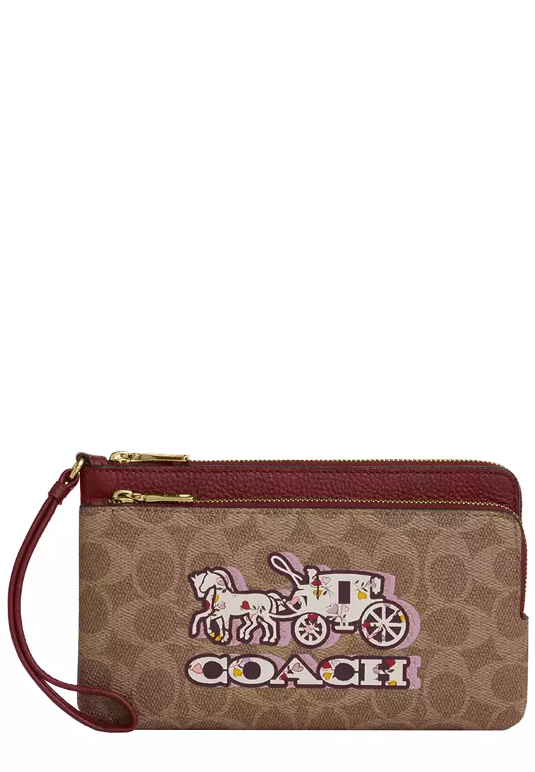 ショルダーバッグ・ポシェット COACH Double Zip Wallet With Horse And Carriage Print CX590 COACH Corner Zip Wristlet In Signature Canvas With Horse And