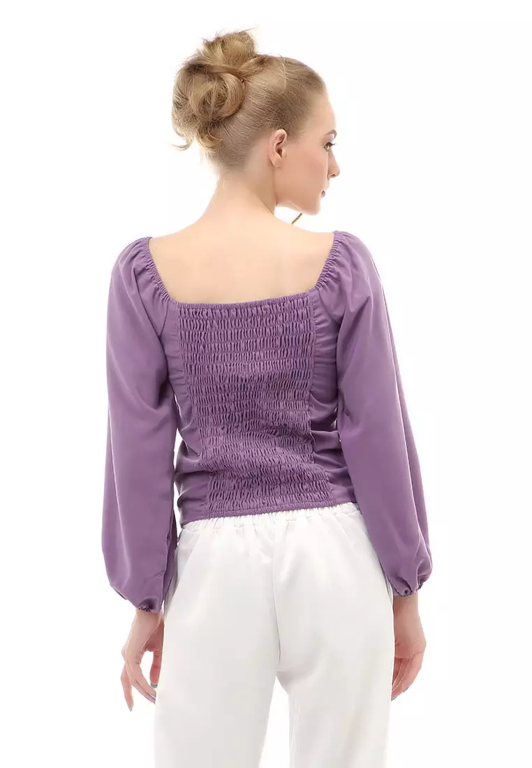 Cheva Blouse Atasan Wanita Sabrina Tali Lengan Panjang Casual Top Long Sleeve Comfortable Material Wolfis ORIGINAL - Purple