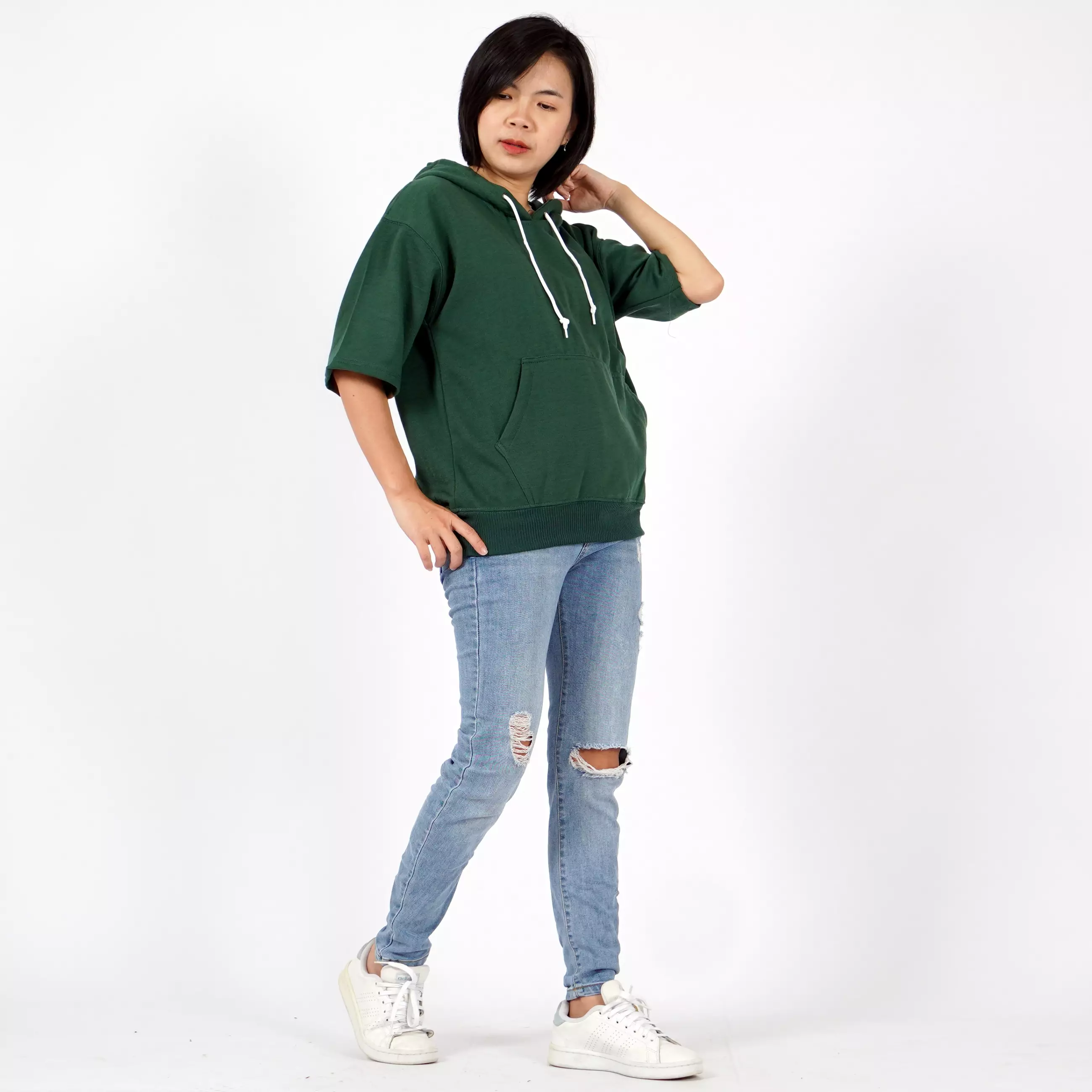  RICHA Top Hoodie Lengan Pendek Wanita Sweater Hoodie Short Sleeve-HIJAU