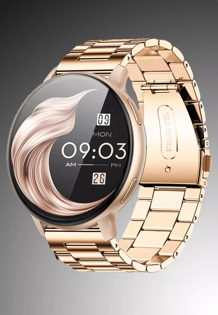 Unisex Round Smart Watch - 1.39 inch Large HD Screen - Stainless Steel Bracelet + 1 Free Rubber Strap - Rose Gold Color