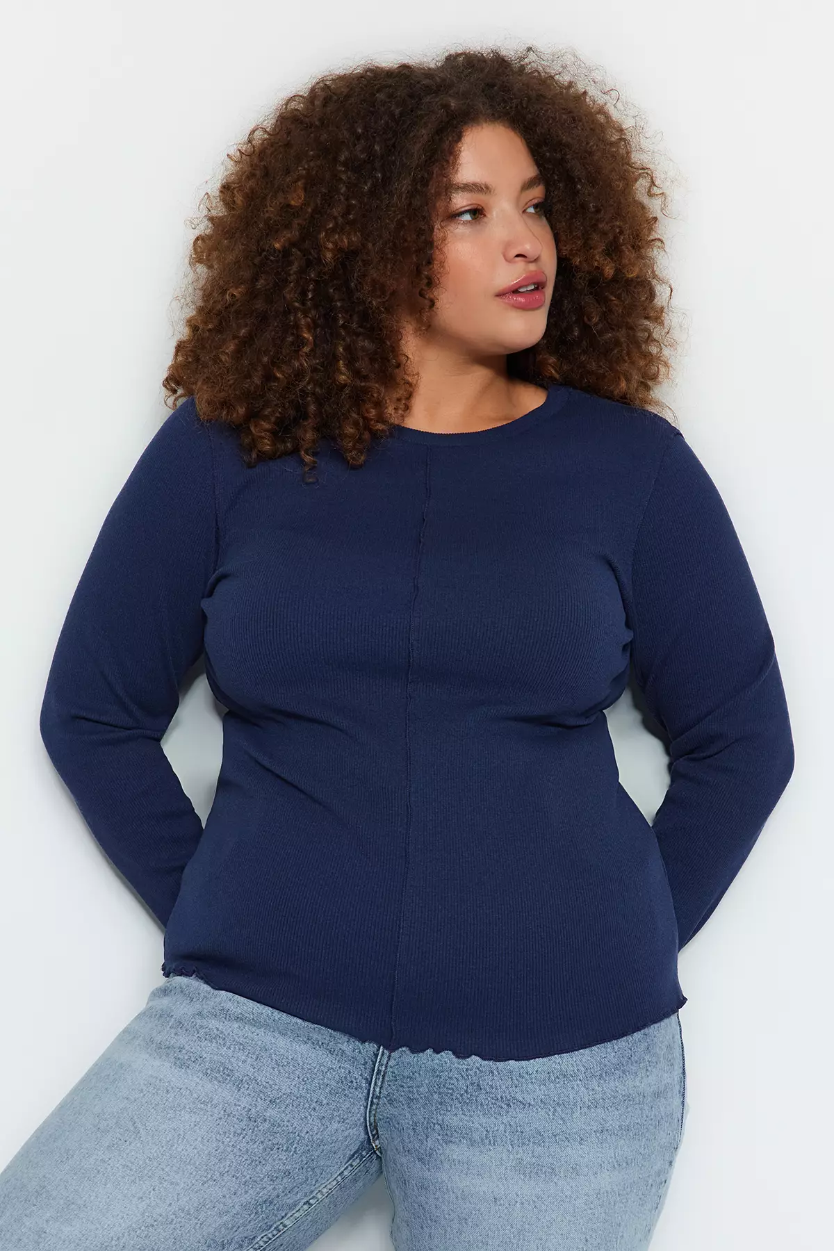 Navy Blue Crew Neck Ribbed Knitted Blouse Tbbaw24Af00035