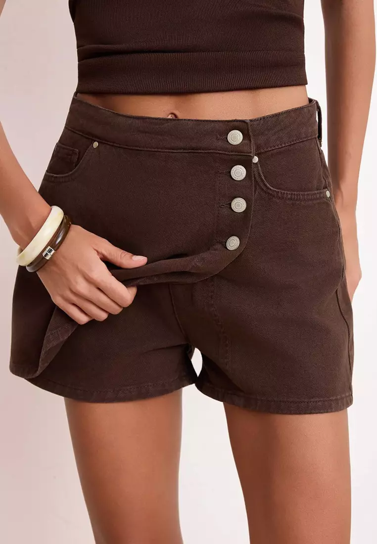 Brown Button Detailed High Waist Denim Shorts Skirt Twoss22Sr448