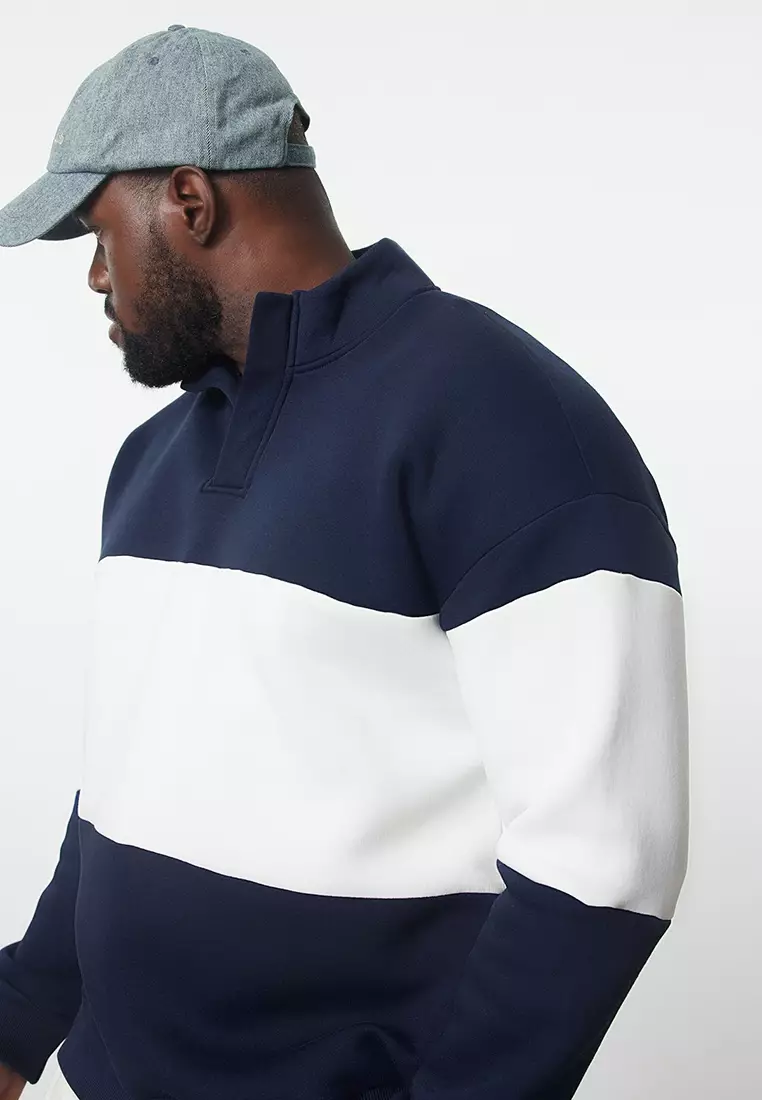 Navy Blue Oversize/Wide Cut Stand Collar Color Block Fleece Inside Plus Size Sweatshirt TMNAW25AO00033